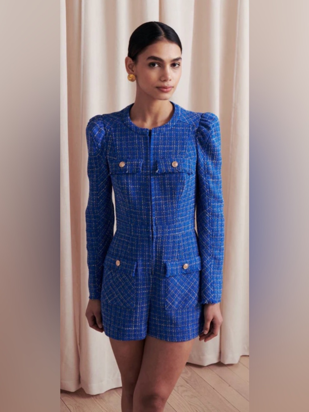 Blue Plaid Tweed Long-Sleeve Jacket